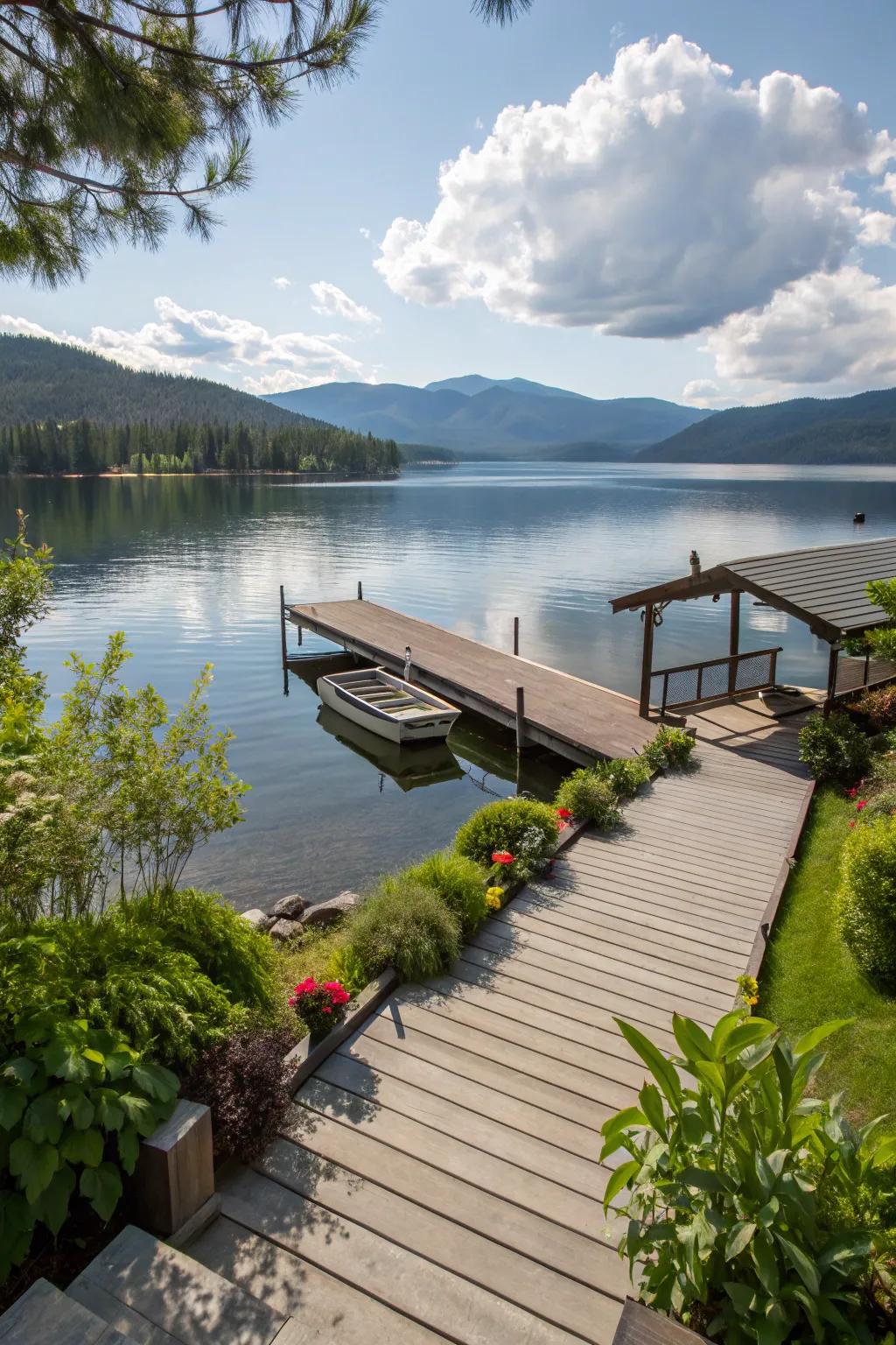 A dock ideally situated to take in the vistas of the lake and mountains.