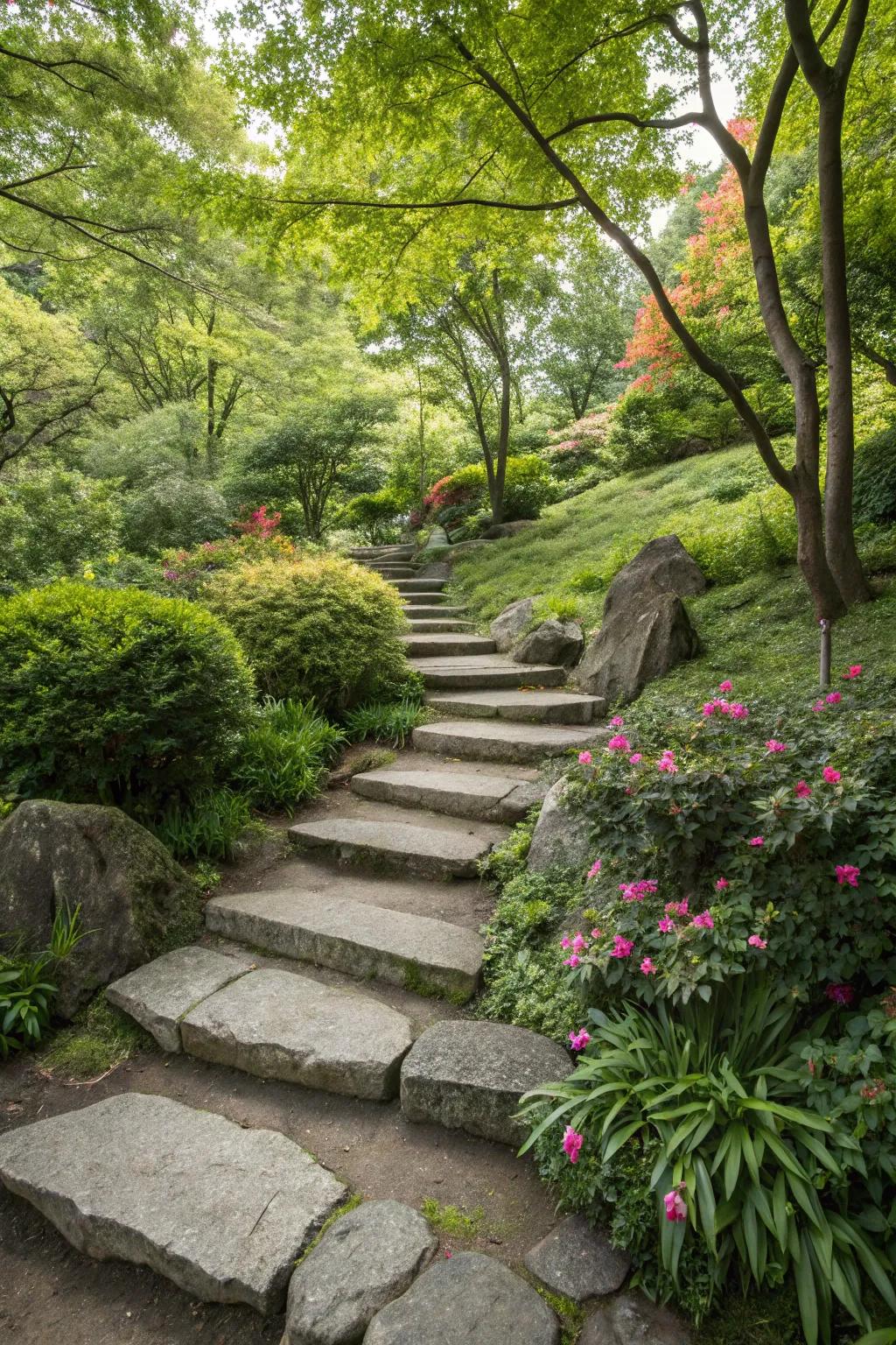 Stone steps contribute rustic allure to your garden path.