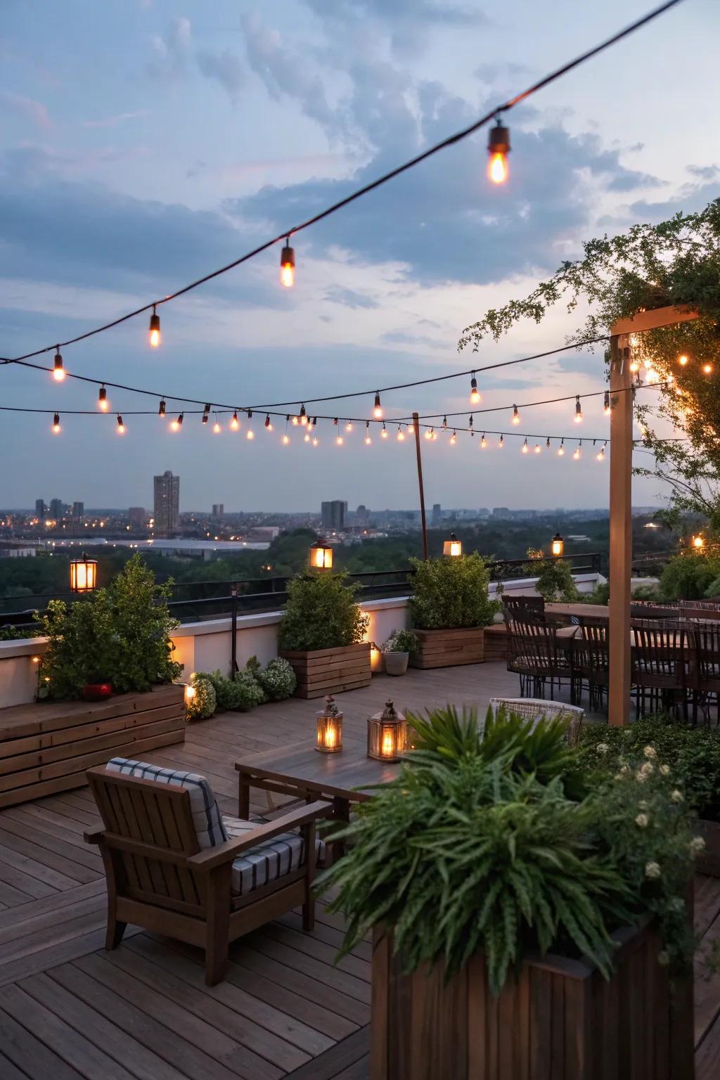 Light up your rooftop deck with surrounding lighting for a magical evening environment.