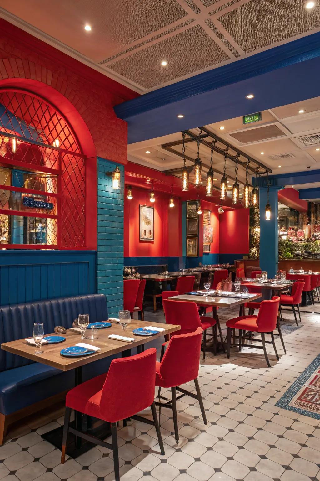 A bold and vibrant restaurant interior featuring striking reds and blues.