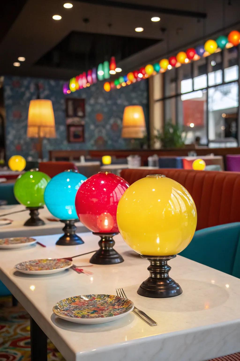 Colorful glass orb table lamps on a restaurant table, encircled by vibrant decor.
