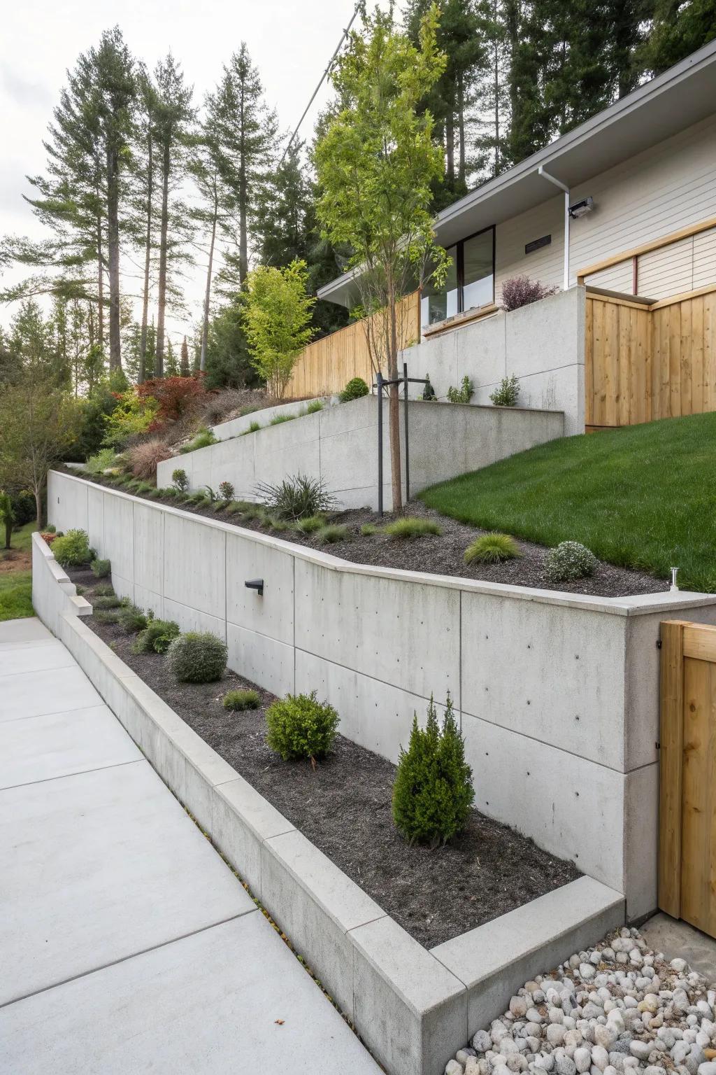 Modern concrete walls introduce a sleek, well-structured look to any landscape.
