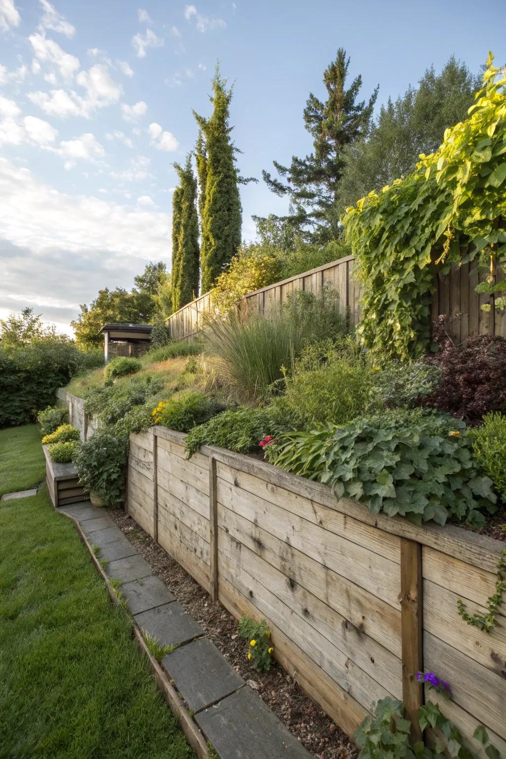 Wooden retaining walls bring warmth and natural charm.