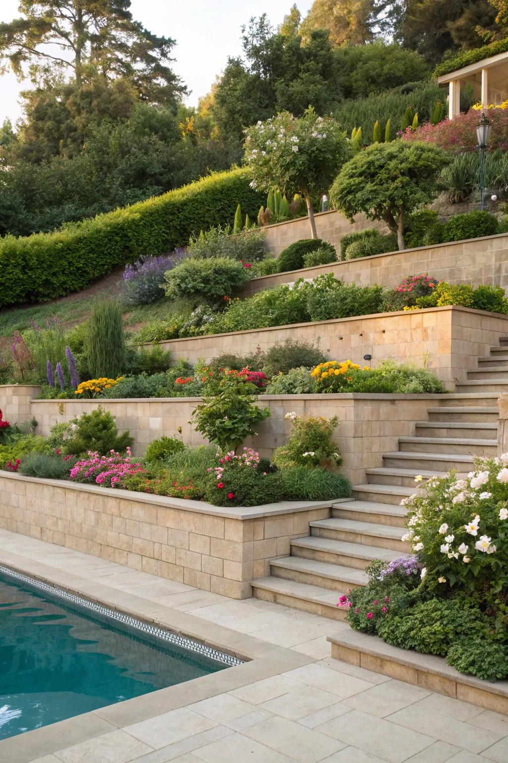 A tiered retaining wall showcasing vibrant garden beds.