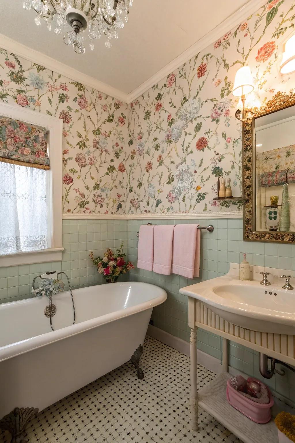 Vintage wallpaper introduces an element of nostalgia and warmth to any bathroom.