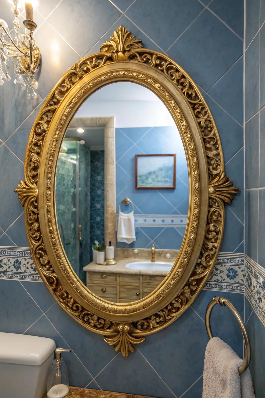 An ornate mirror that adds elegance to the retro bathroom.