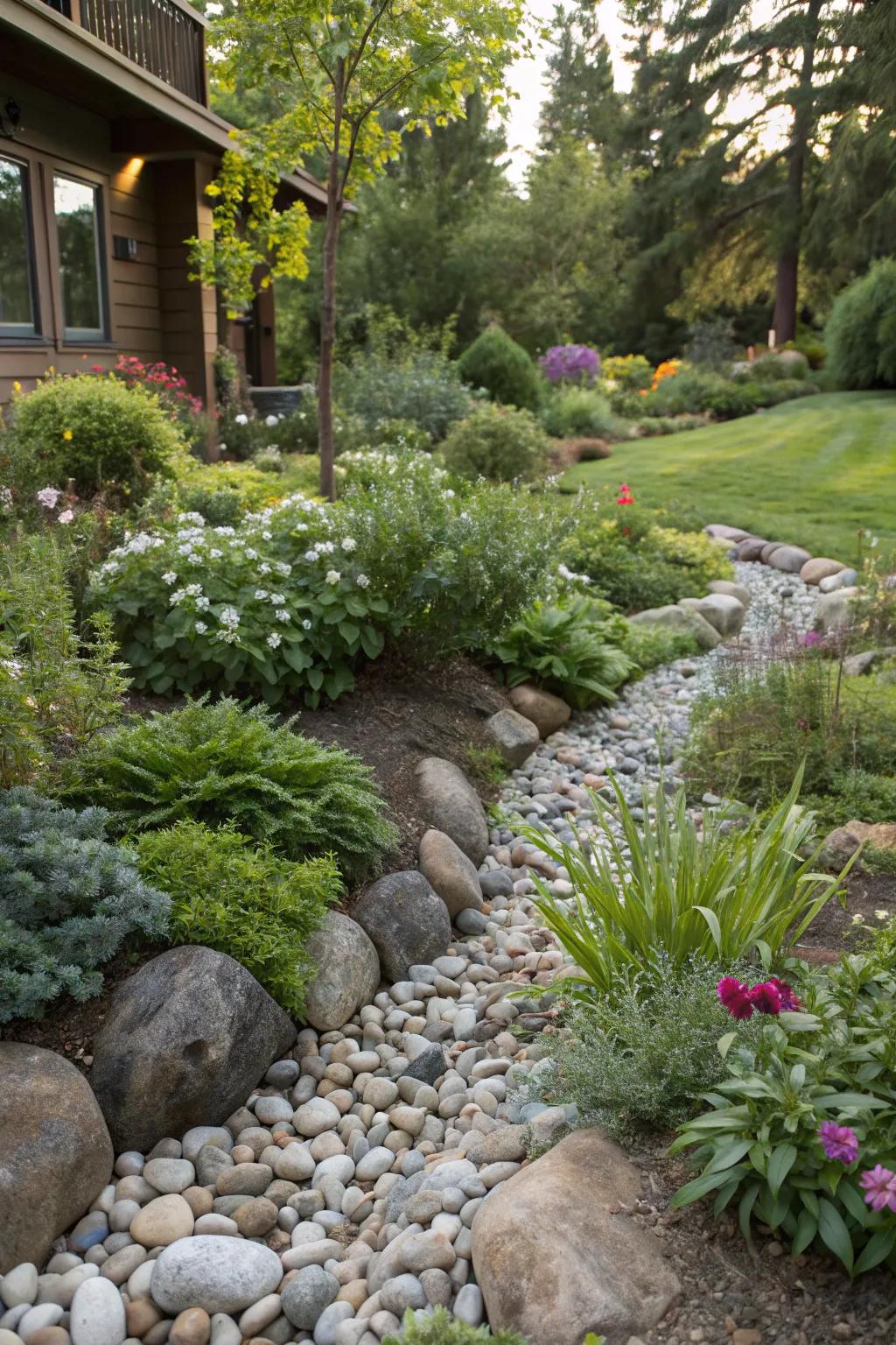 Enhance your garden's appearance through a pebble surface layer.