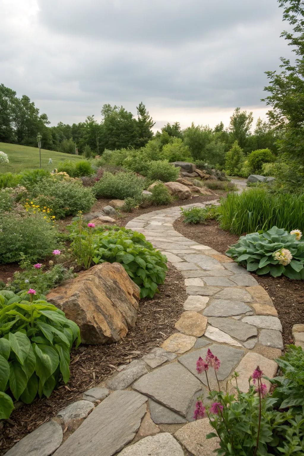 Curved walkways contribute a whimsical aspect to the landscape.