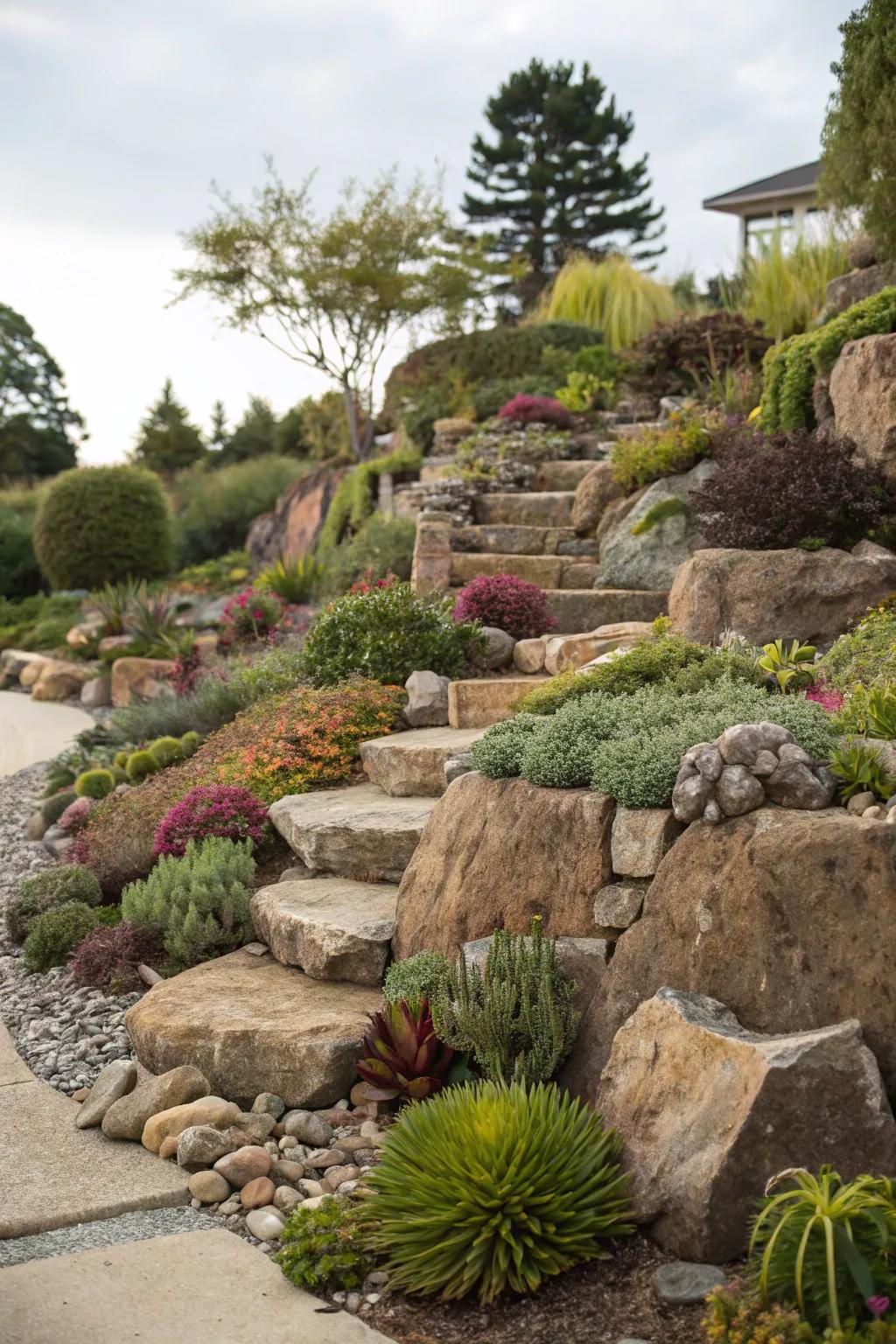 A multi-tiered stone garden displaying an assortment of plants and textures.