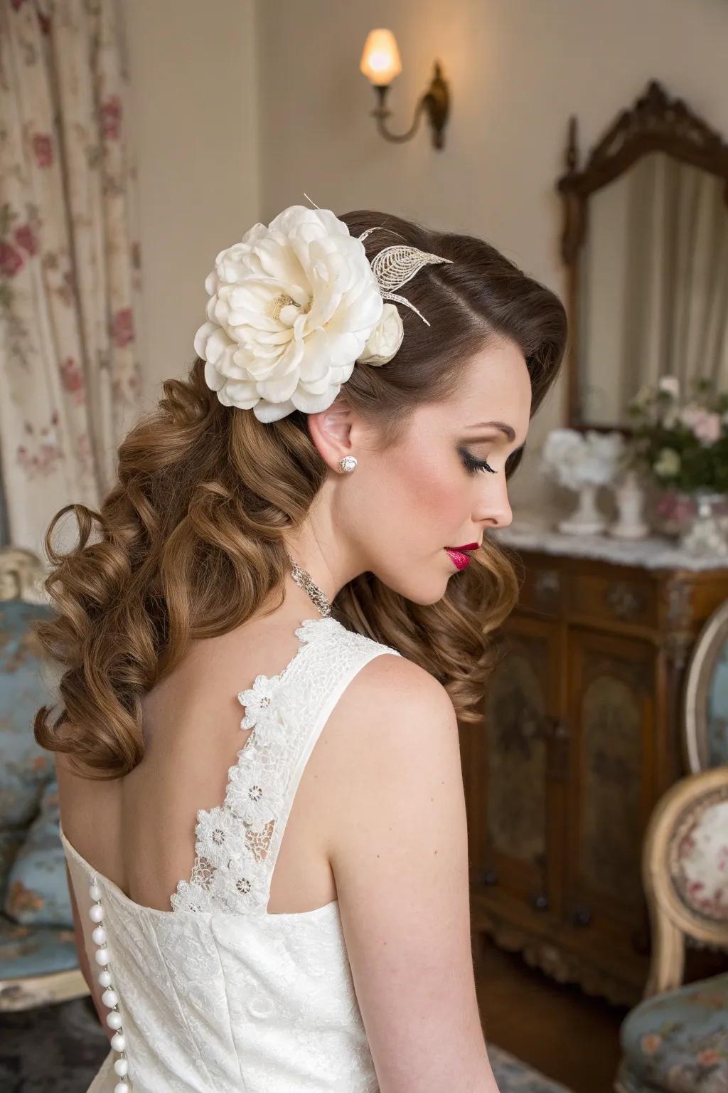 A bride flaunting a glamorous retro hairstyle for her rockabilly wedding.