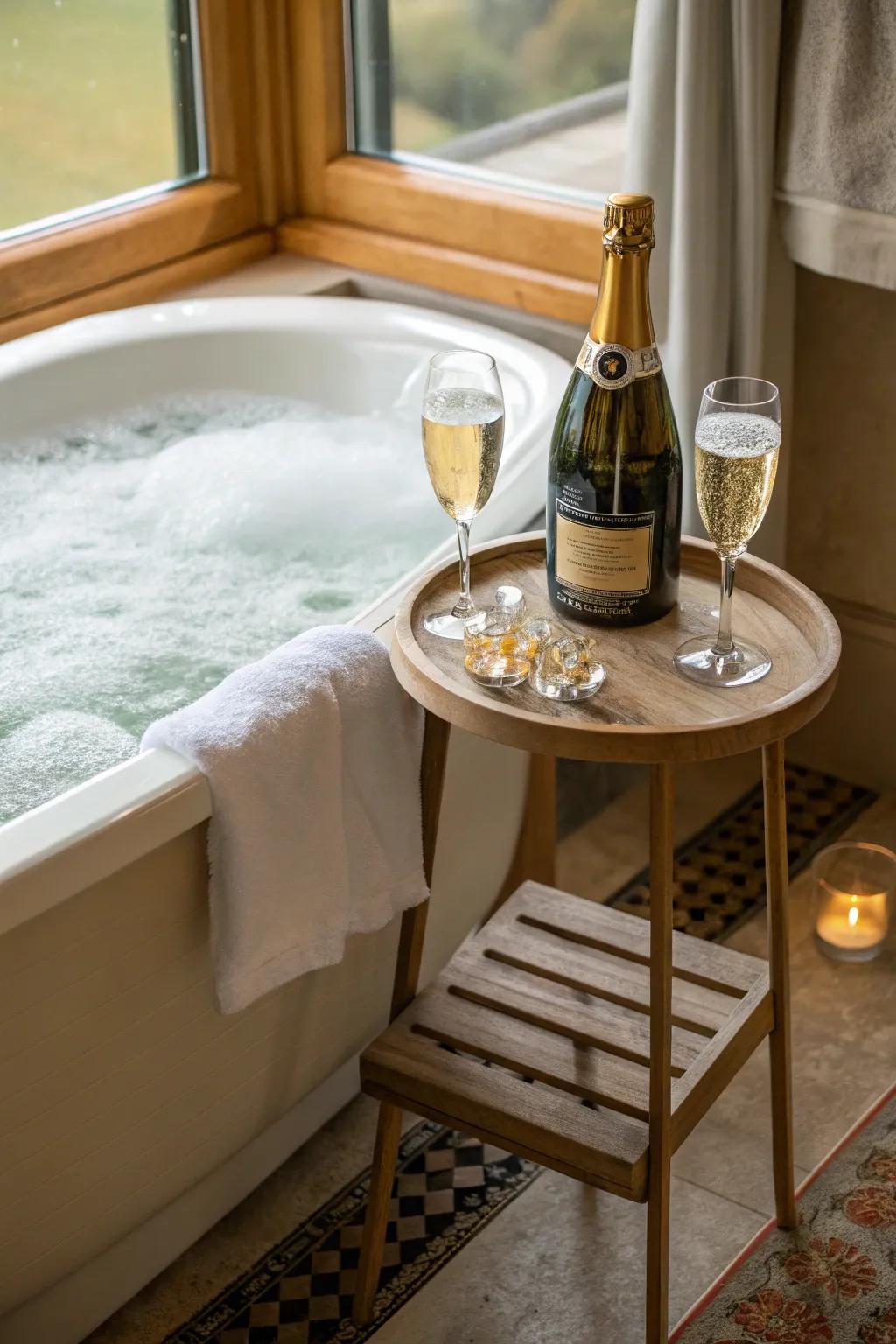 Celebrate your love with bubbly as you relax in the tub.