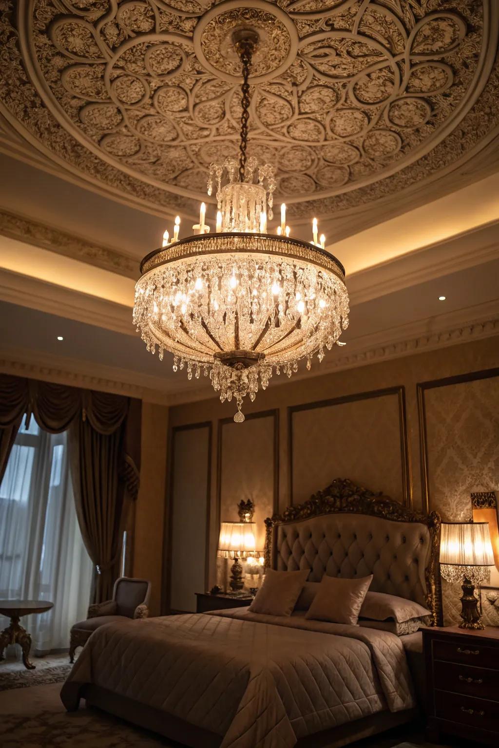 A crystal chandelier adds refinement and warmth to this royal bedroom.