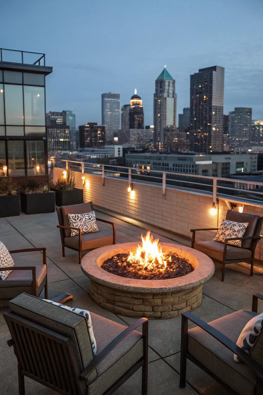 Inviting evenings warmed by a rooftop fire pit.