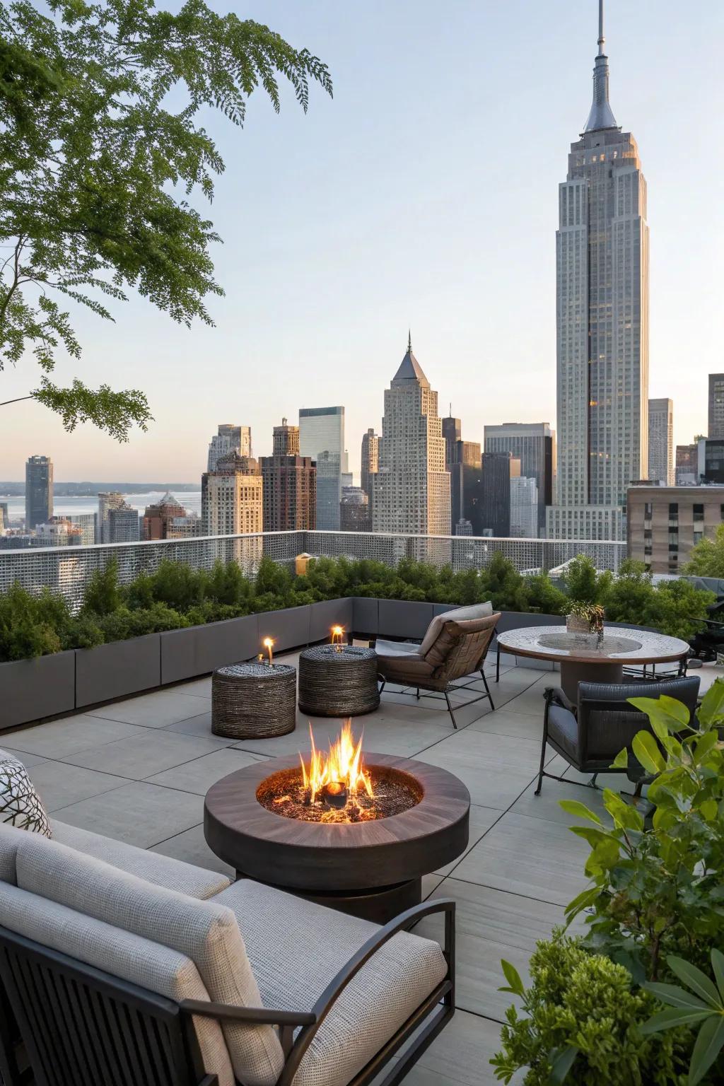 A bonfire spot offers warmth and becomes the center point of your rooftop.
