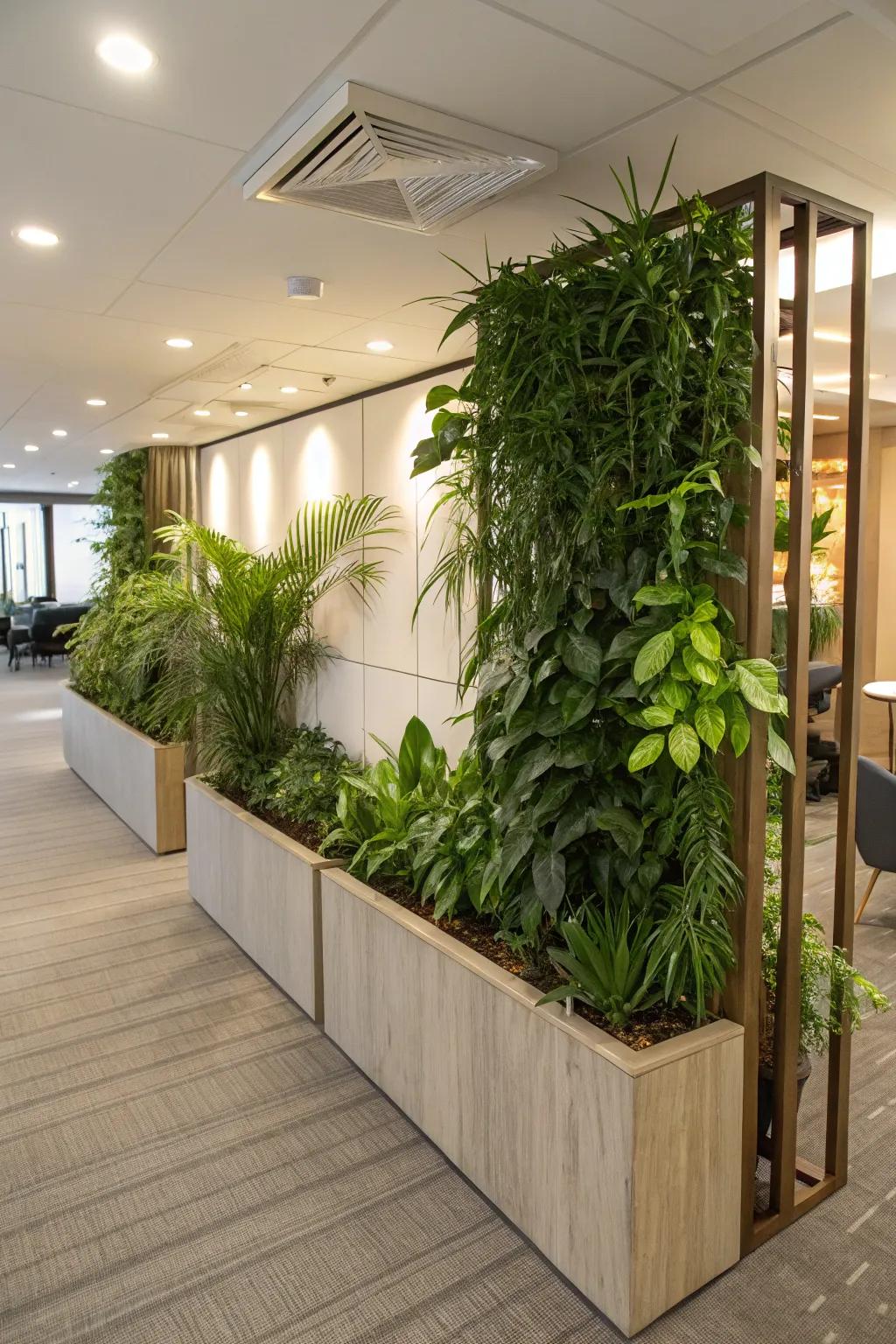 A room divider partition wall with integrated planters, bringing a natural touch indoors.