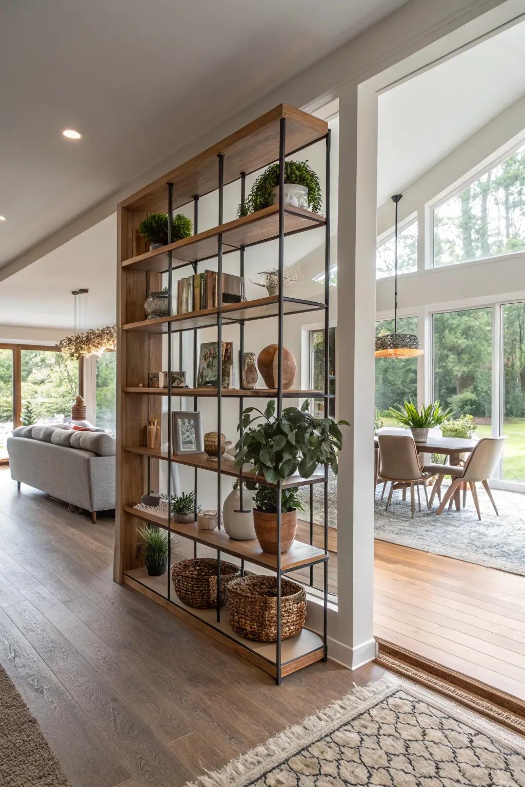 Open shelving dividers offer both practicality and style, a perfect fit for any home.