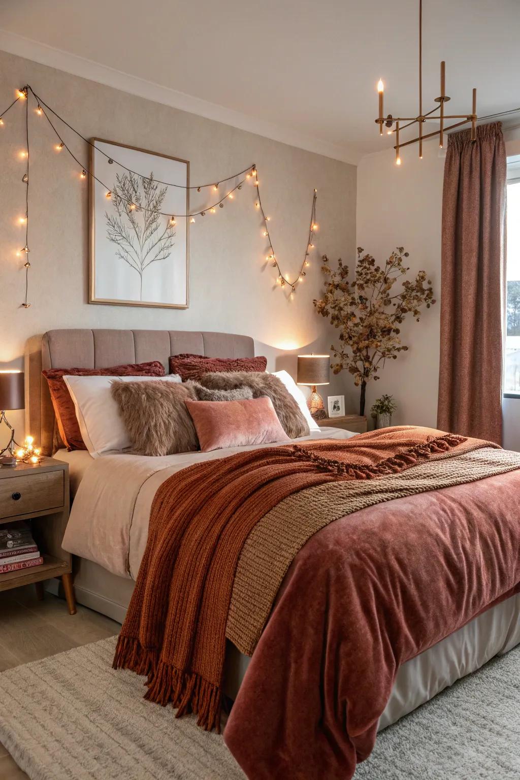 The blending of rust tones and rose gold create a room that is inviting.