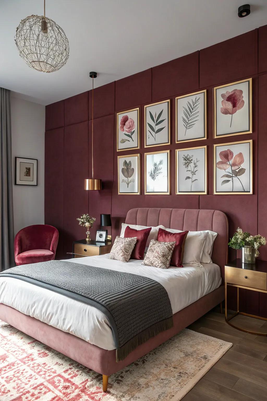 An burgundy emphasized wall delivers a stunning scene setter for gleaming gold d&eacute;cor.