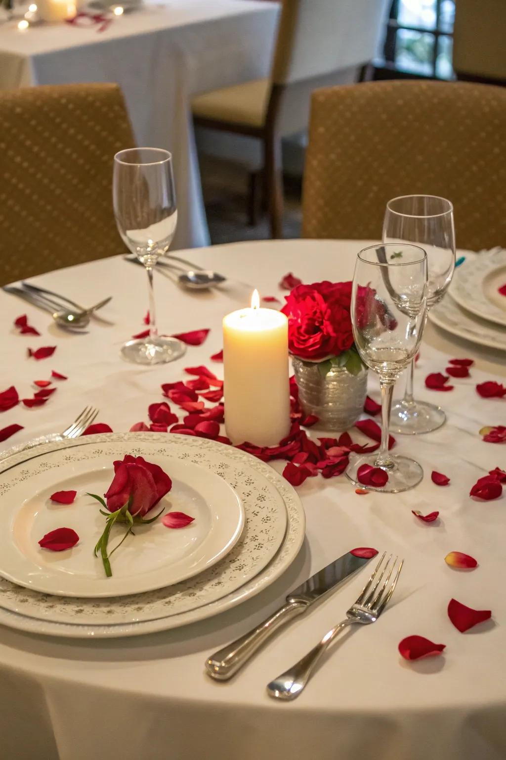 A dining table embellished using rose petals for a romantic dinner