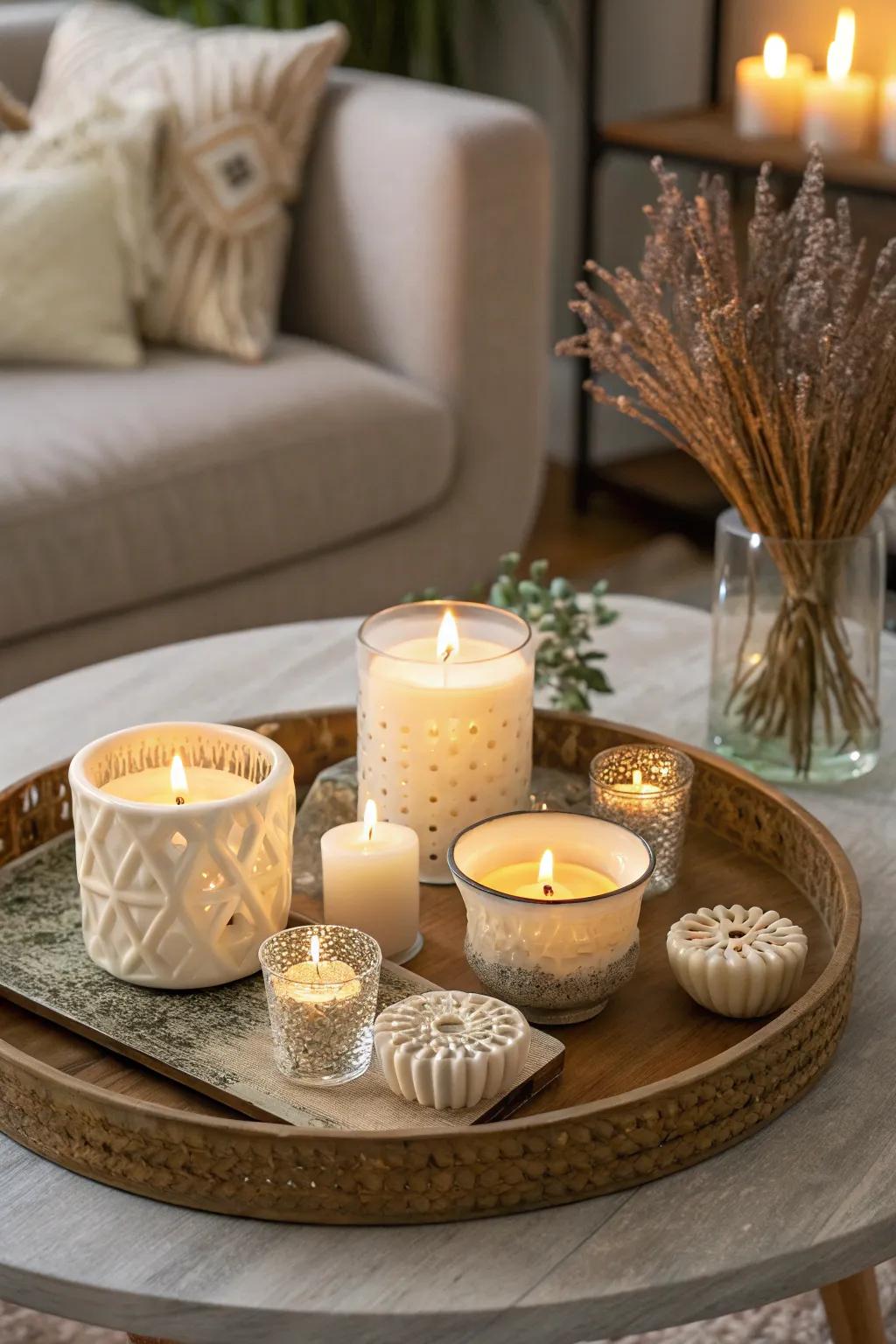 Illuminating wax cylinders add coziness and style to your arrangement.
