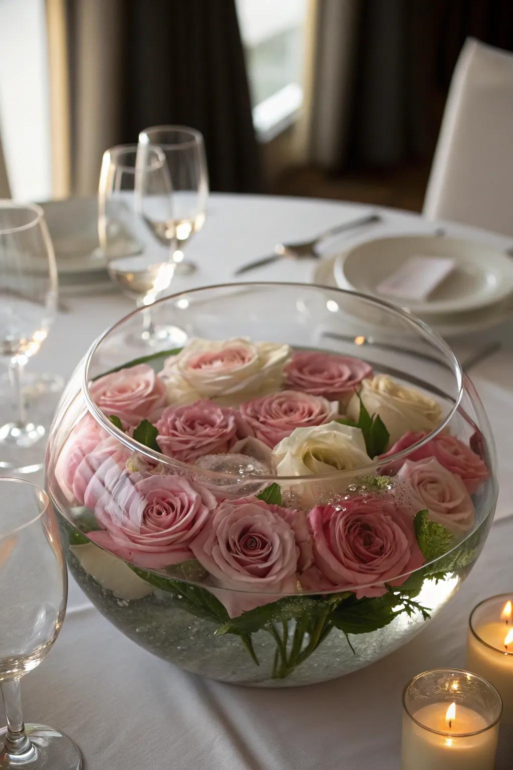 Submerged blossoms in a glass bowl make for a breathtaking focal point.