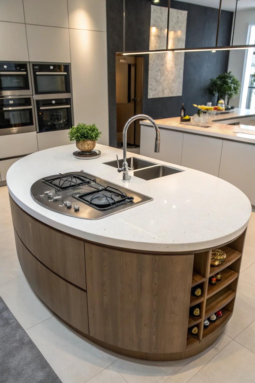 Simple functionality thanks to integrated appliances in a round island.