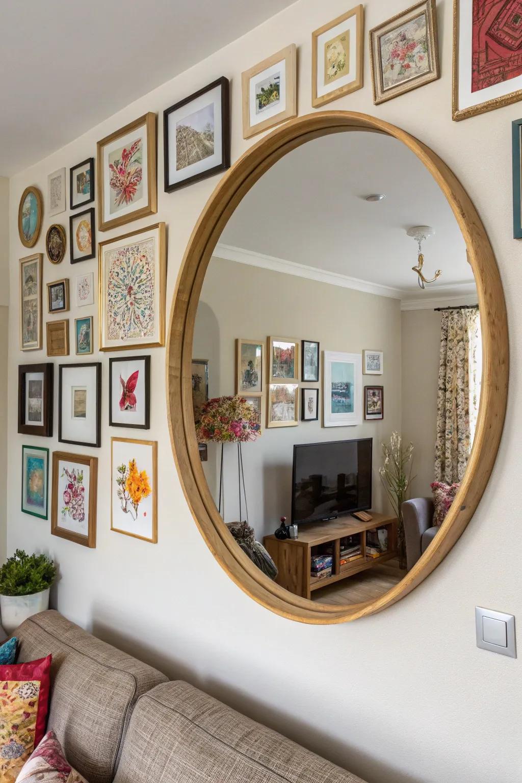 Layering a circular reflector with artworks, producing a gallery impact.