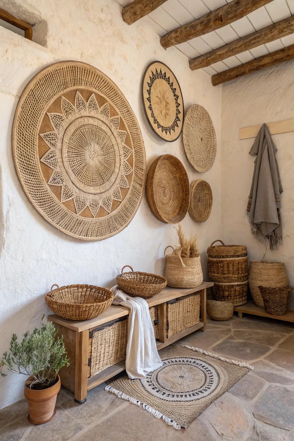 Rustic room featuring circular woven wall decor crafted from natural materials.