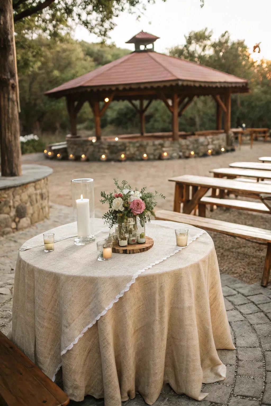 Rustic appeal highlighted by a hessian tablecloth at an outdoor wedding.