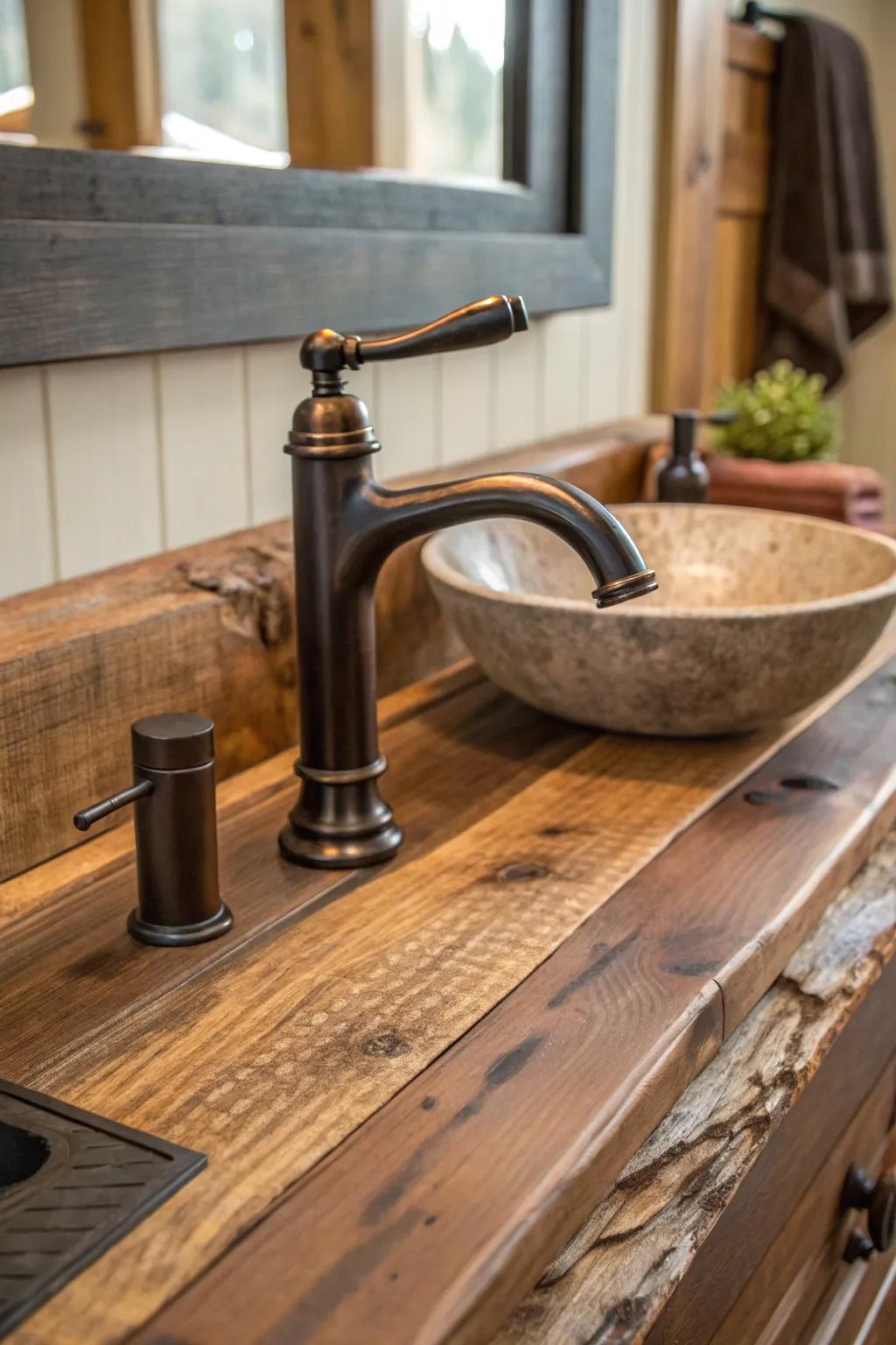 Oil-treated metal spigots blend easily with country decor.