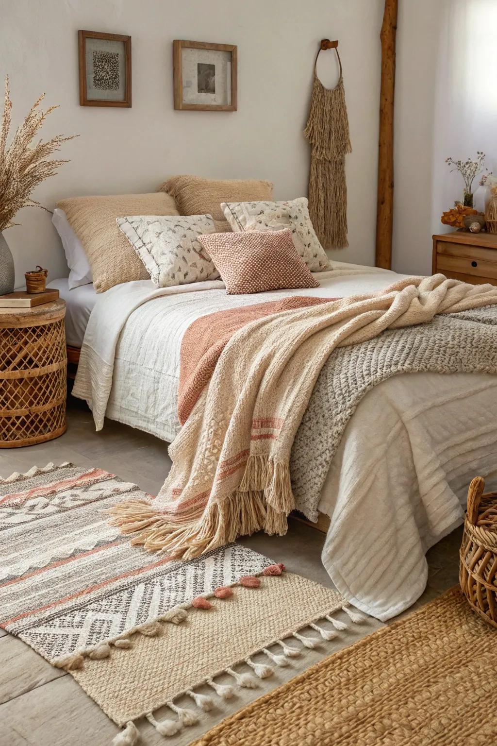 Layered fabrics provide warmth and texture to this countryside bedroom.