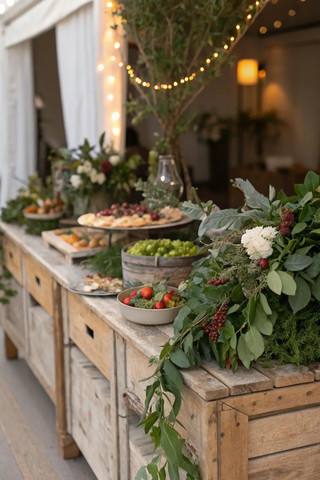 Greenery elevates the natural allure of this country-style sideboard setup.
