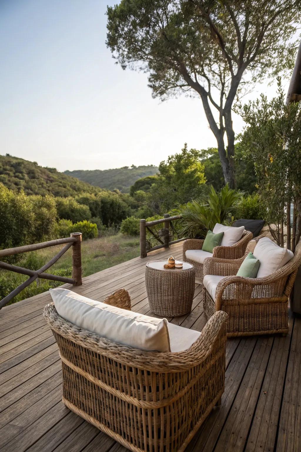Soft cushions and wicker furniture boost the cozy atmosphere of this deck.