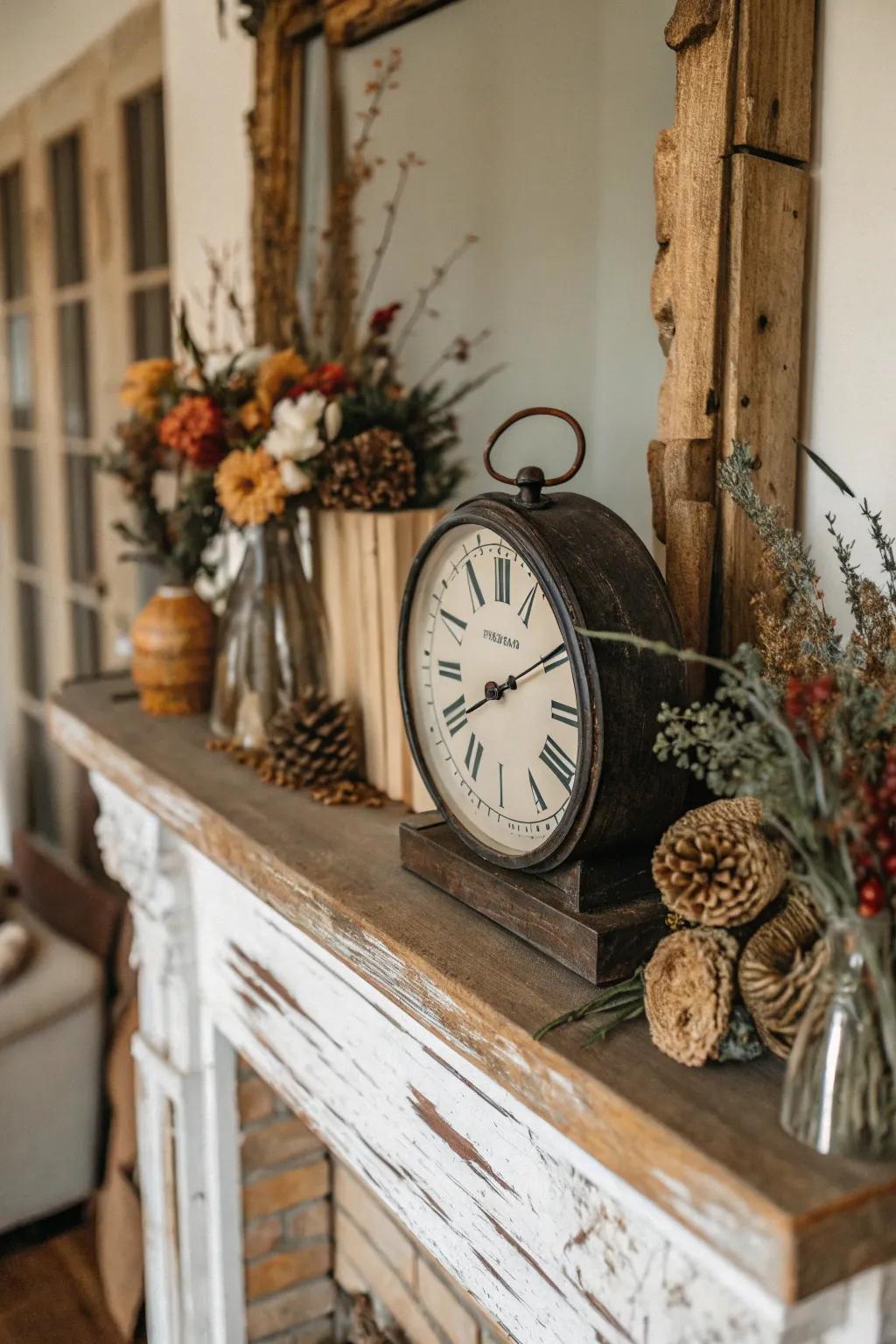 A fireplace mantel ornamented with an antique timepiece and countryside components.