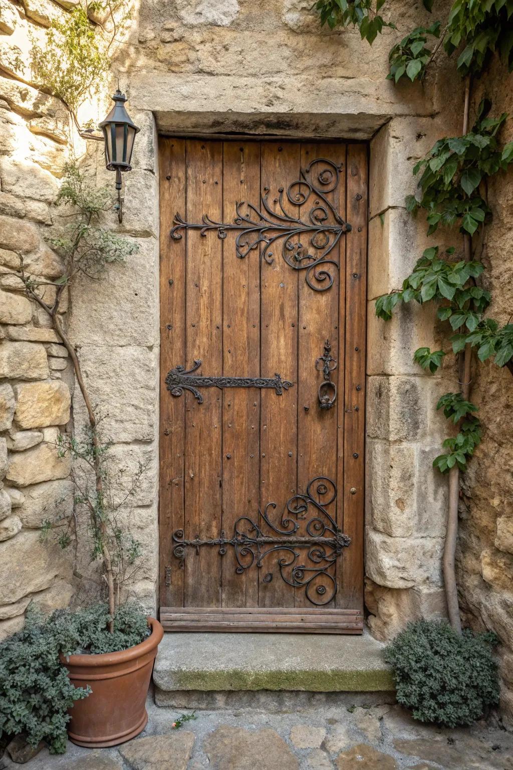 Iron details introduce sophistication and contrast to rustic wooden doors.
