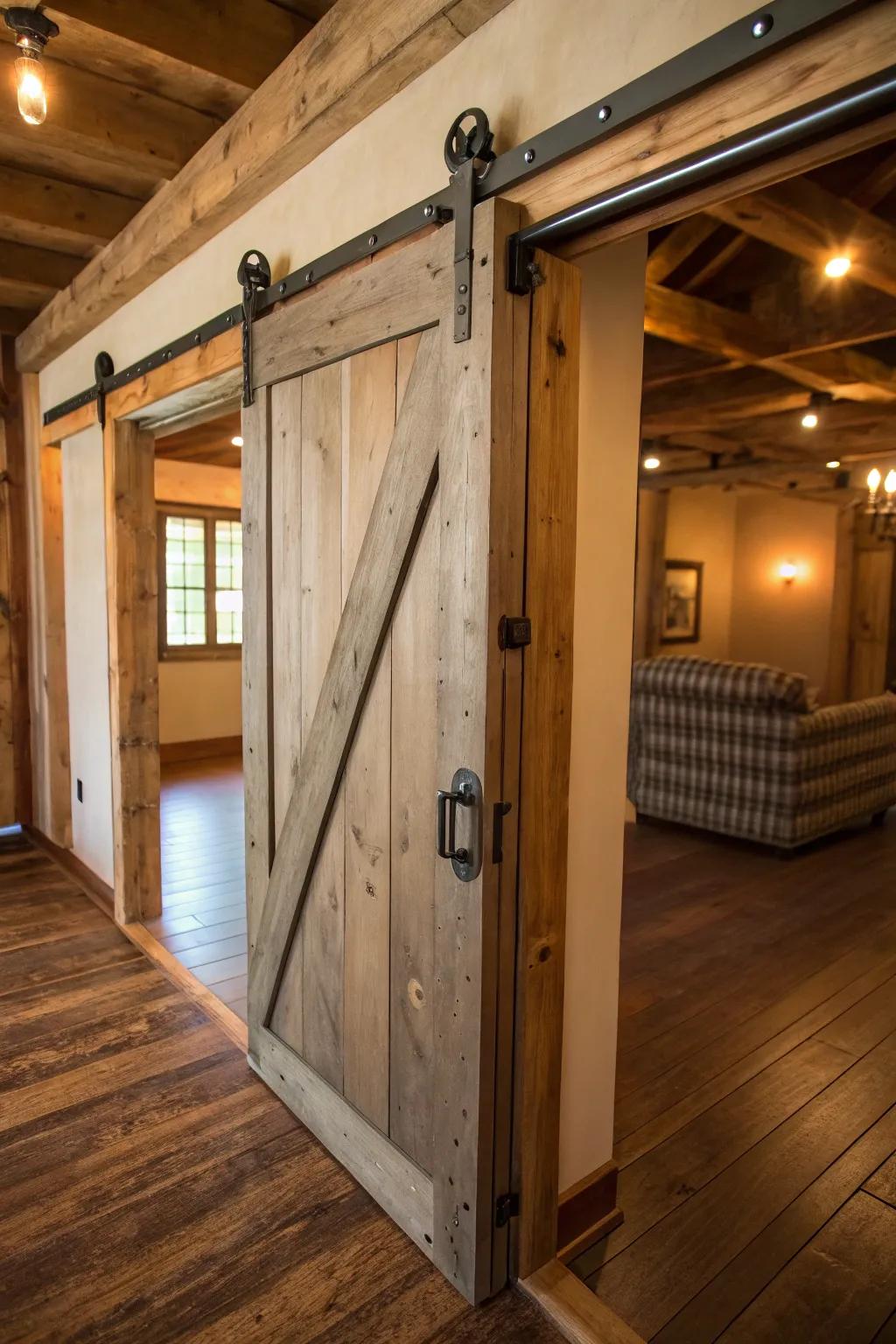 Barn-inspired sliding door with country fixtures, ideal for infusing farmhouse flair.