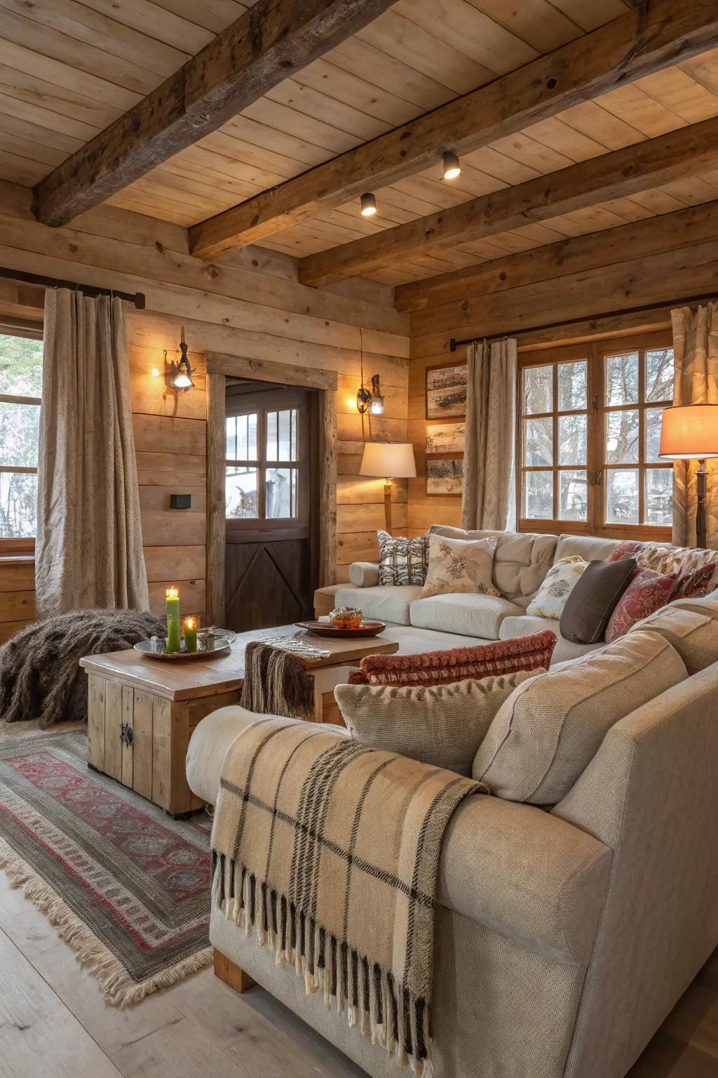 Deluxe furnishings and layered fabrics establish a snug family space.