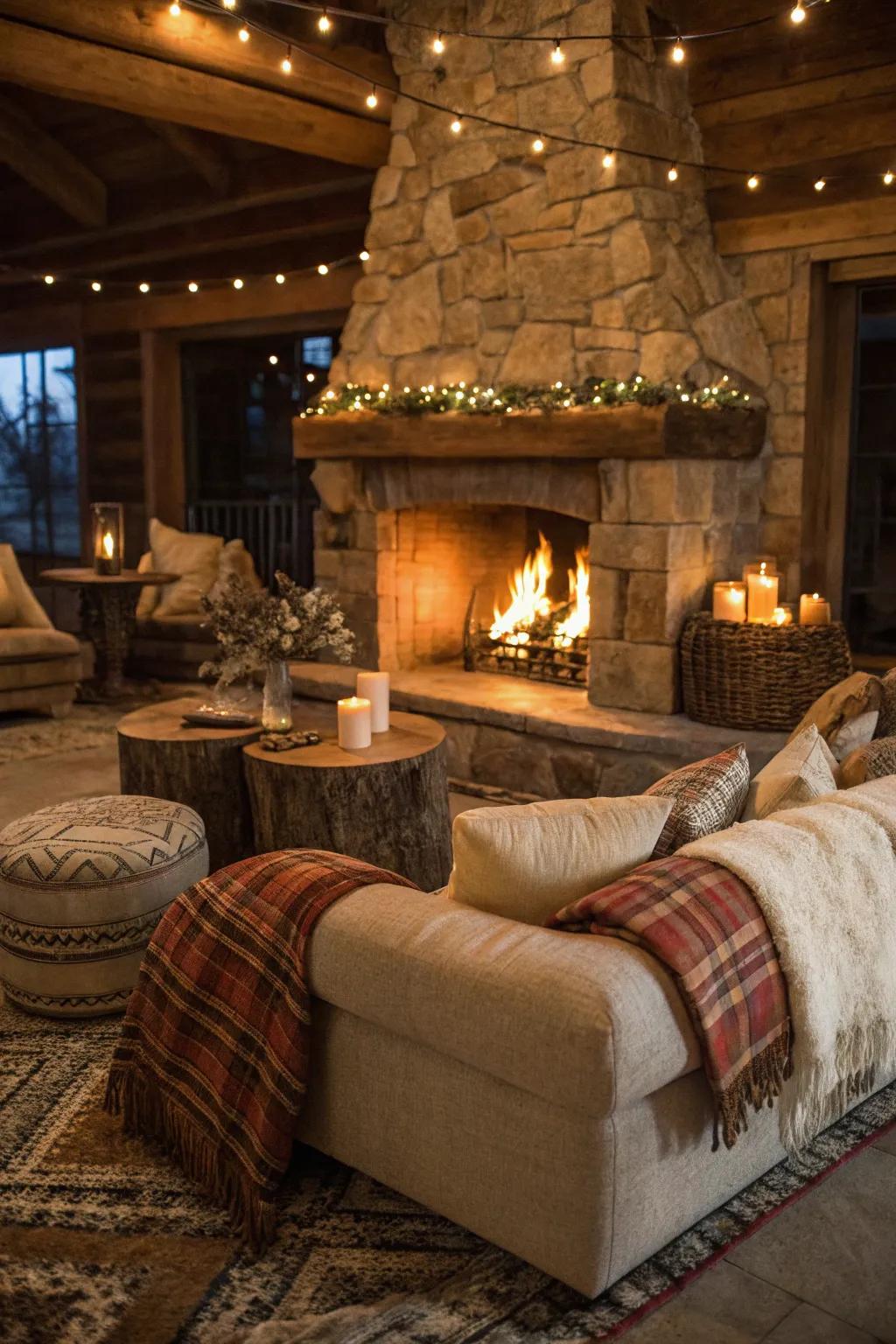 Opulent seating enriches the snug atmosphere of this country-style fireplace arrangement.