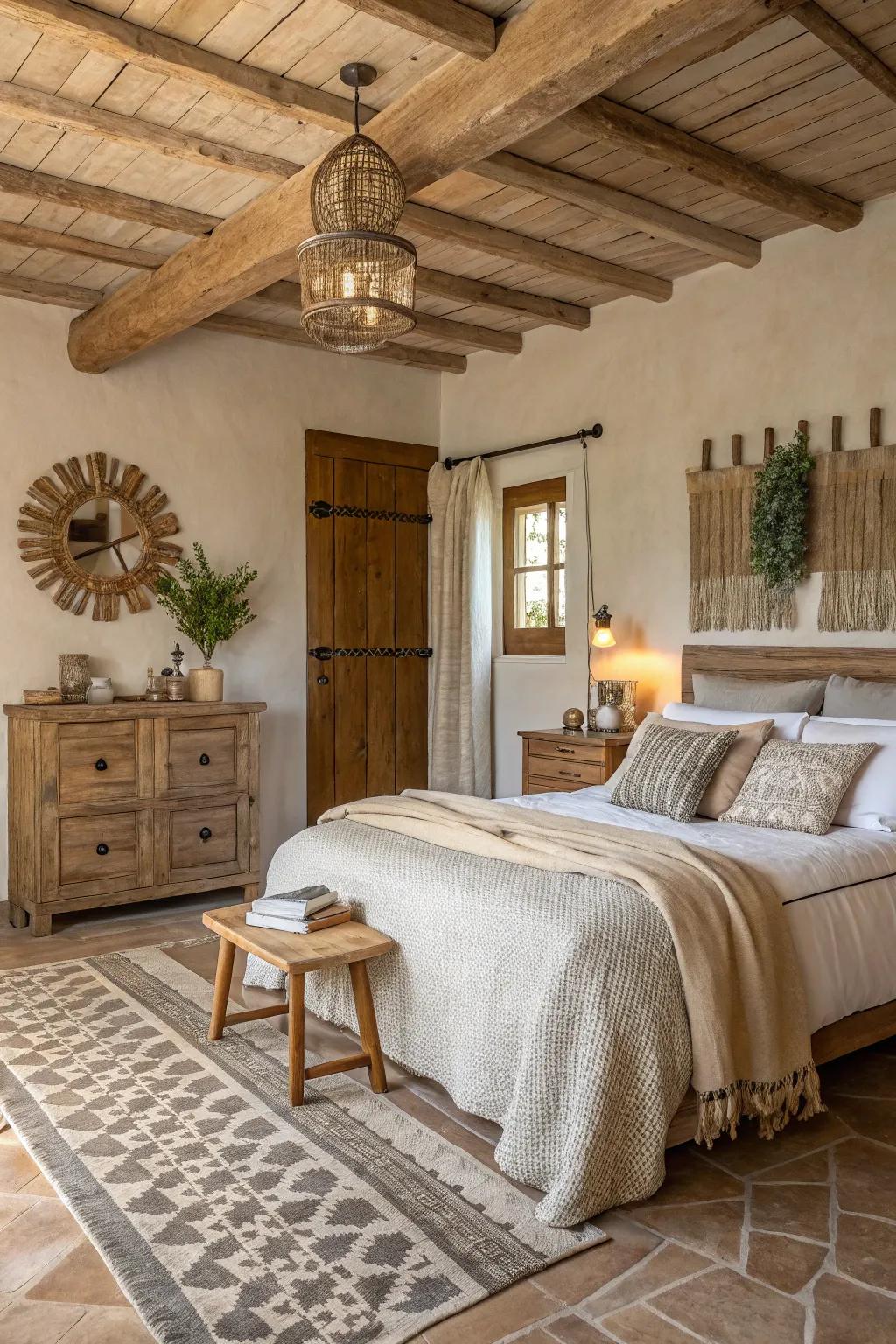 A country-style bedroom showcasing calming neutral and natural shades.