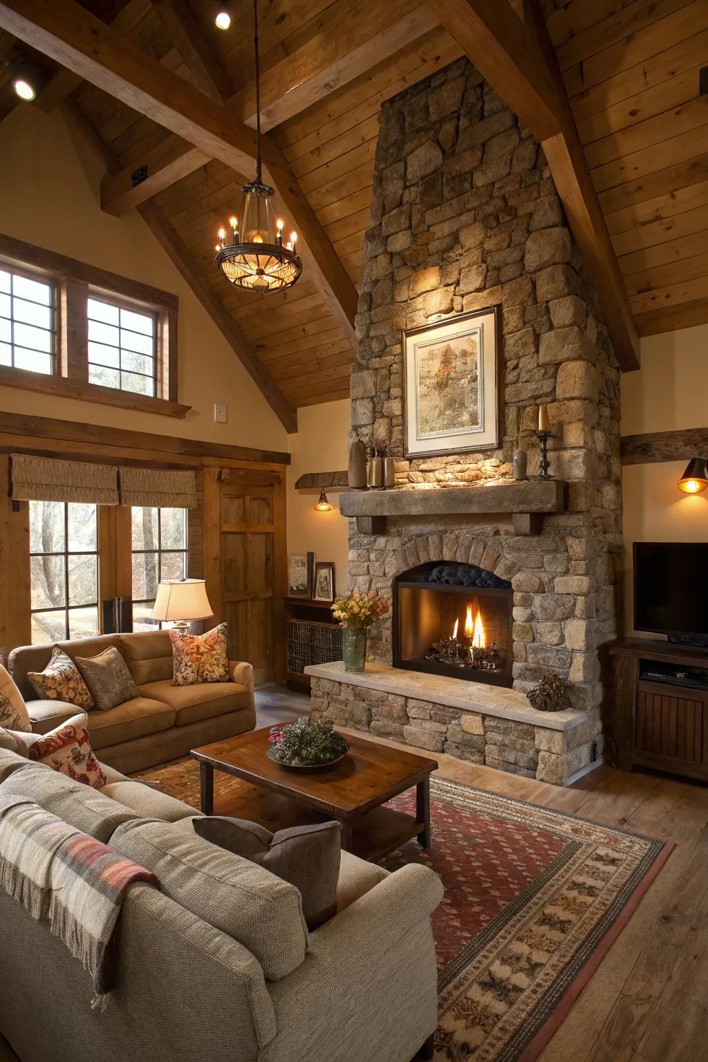 A stone hearth forms the inviting core of every rustic living room.