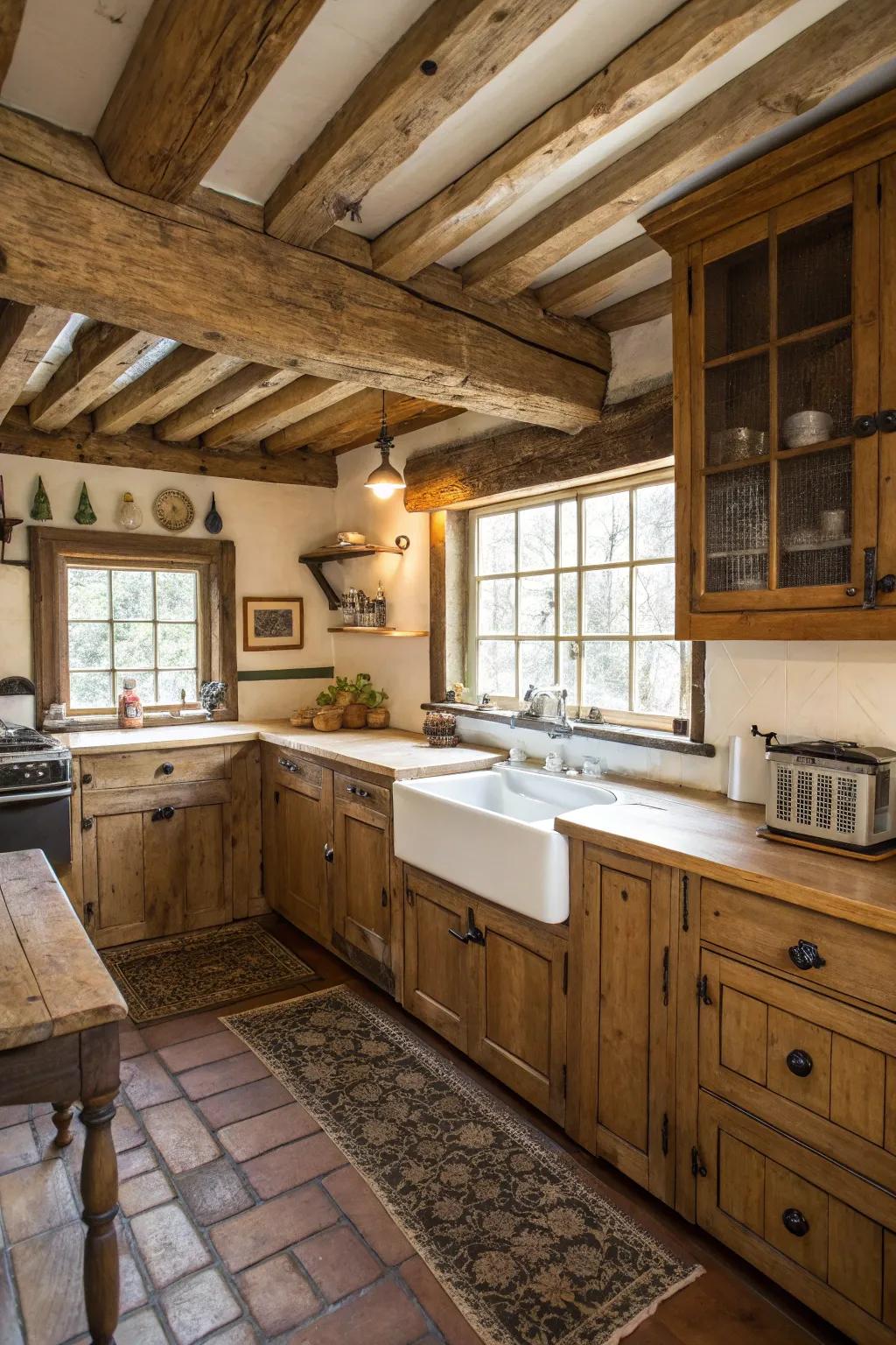 Exposed wooden supports add character to this country-style kitchen.