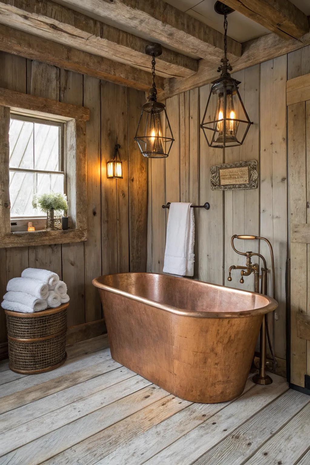 A bronze soaking tub that radiates rustic refinement.