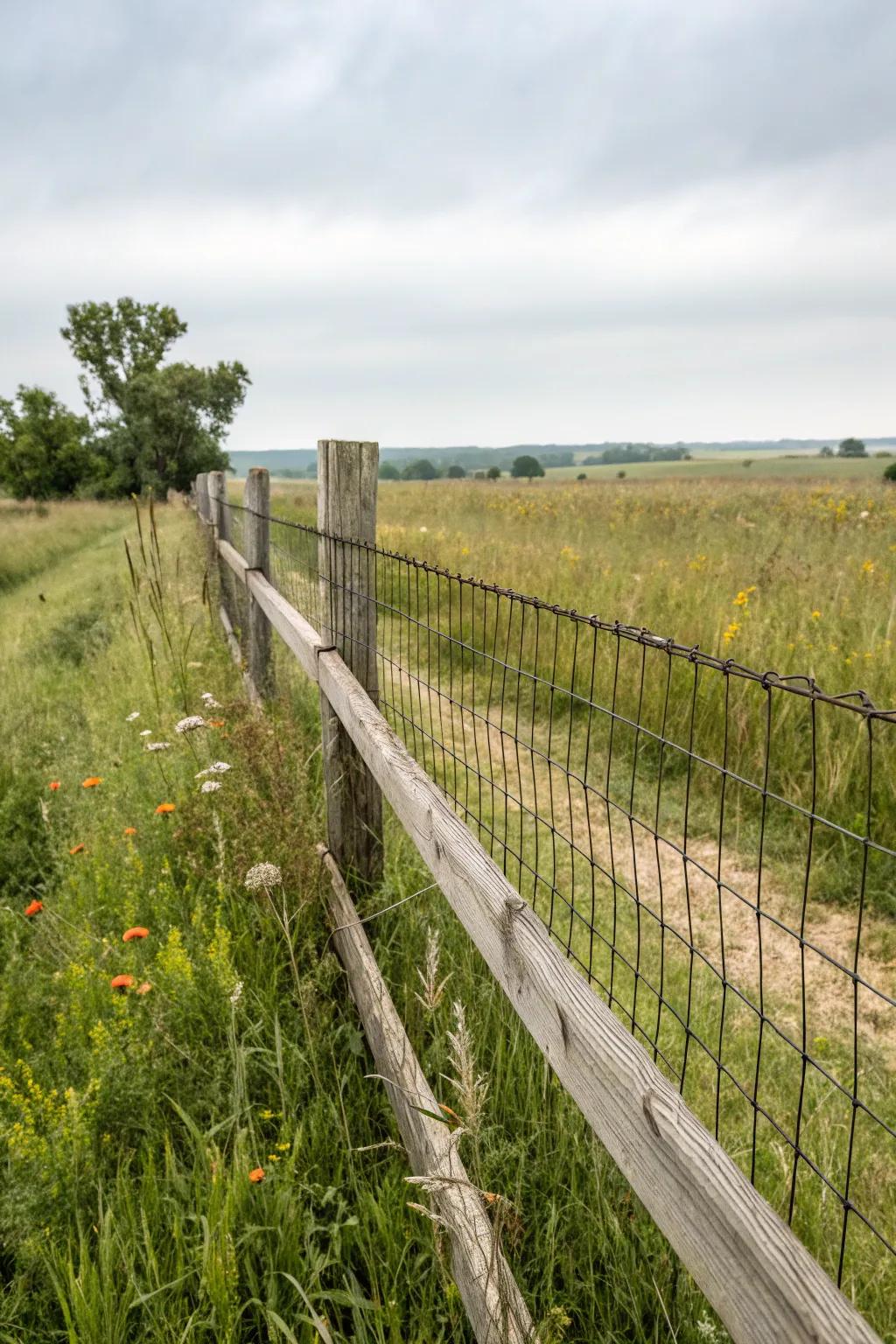 A split rail fence enhanced with wire mesh for added security, blending function with rustic appeal.
