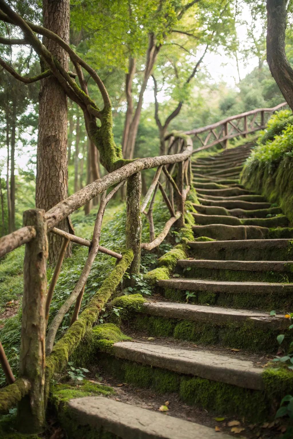 A stair railing design featuring inherent limbs for a natural impact.
