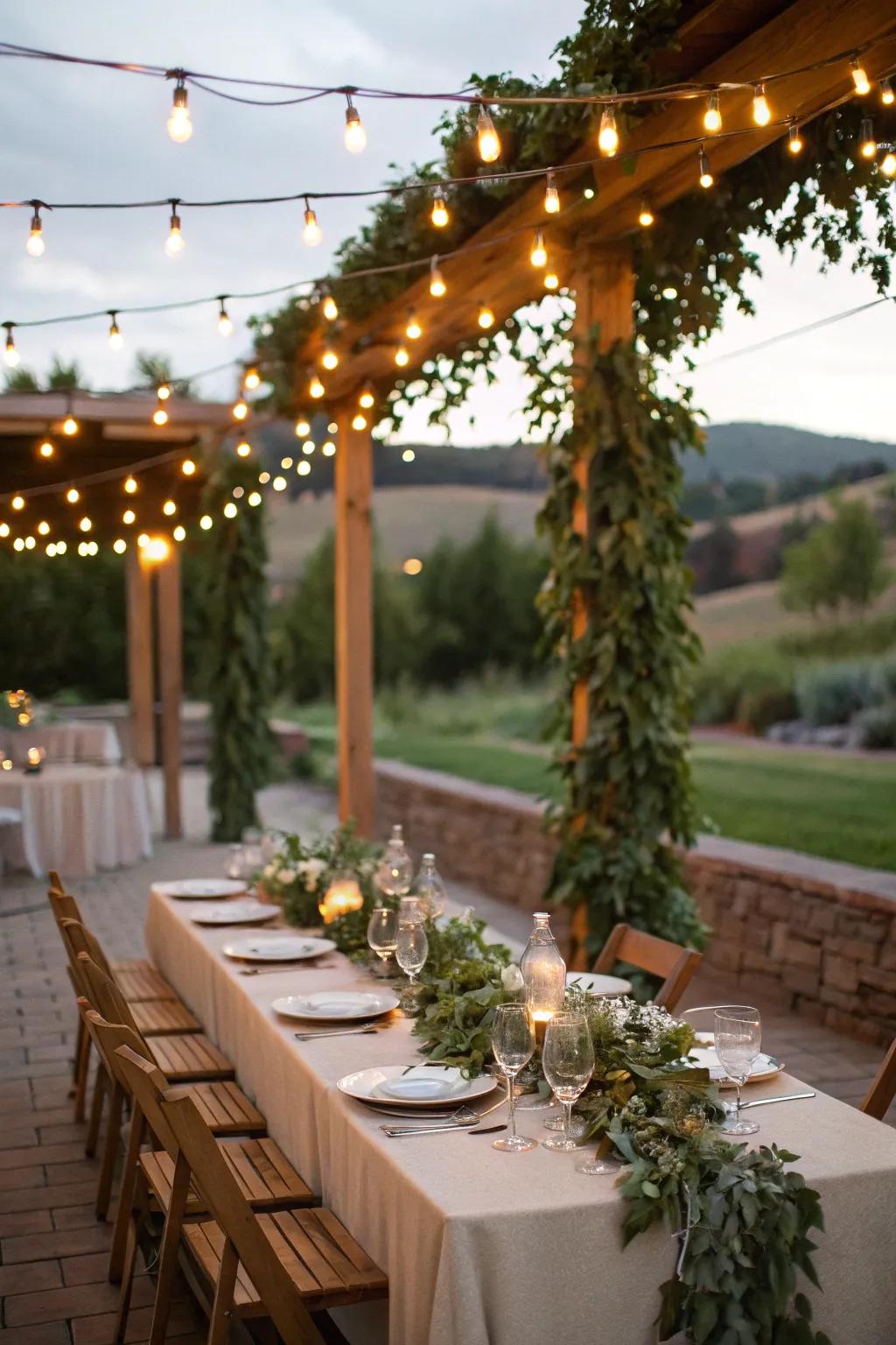 Enchanting festoon lights projecting a cozy radiance across a countryside head table.