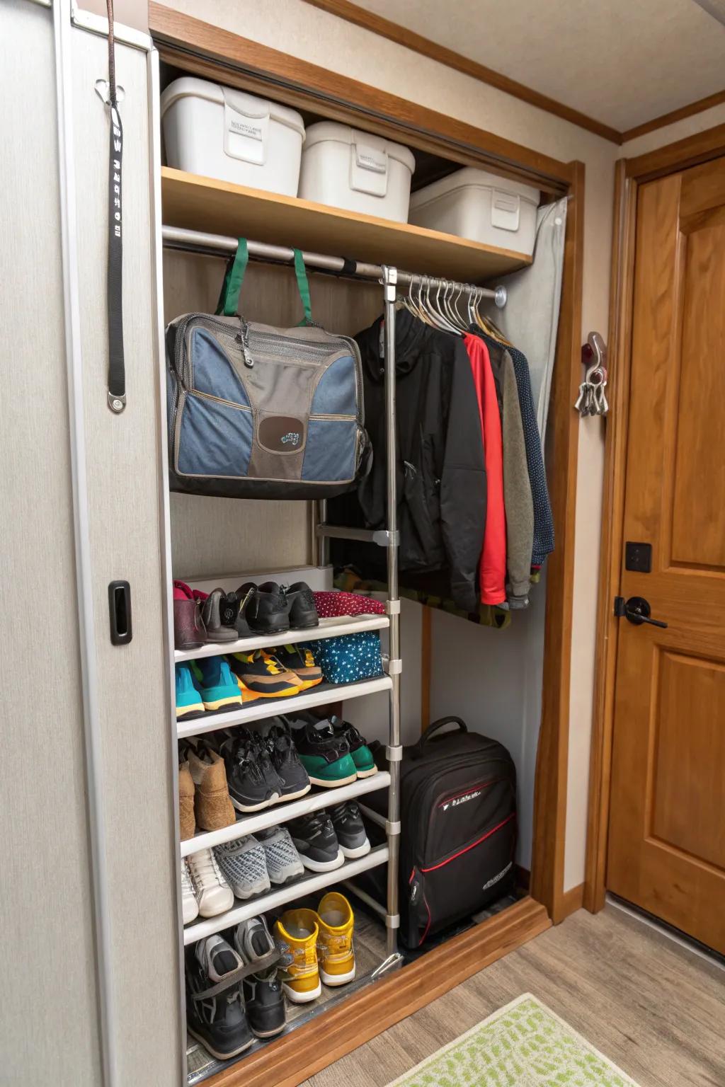 A tension rod shoe organizer keeps footwear neatly arranged.
