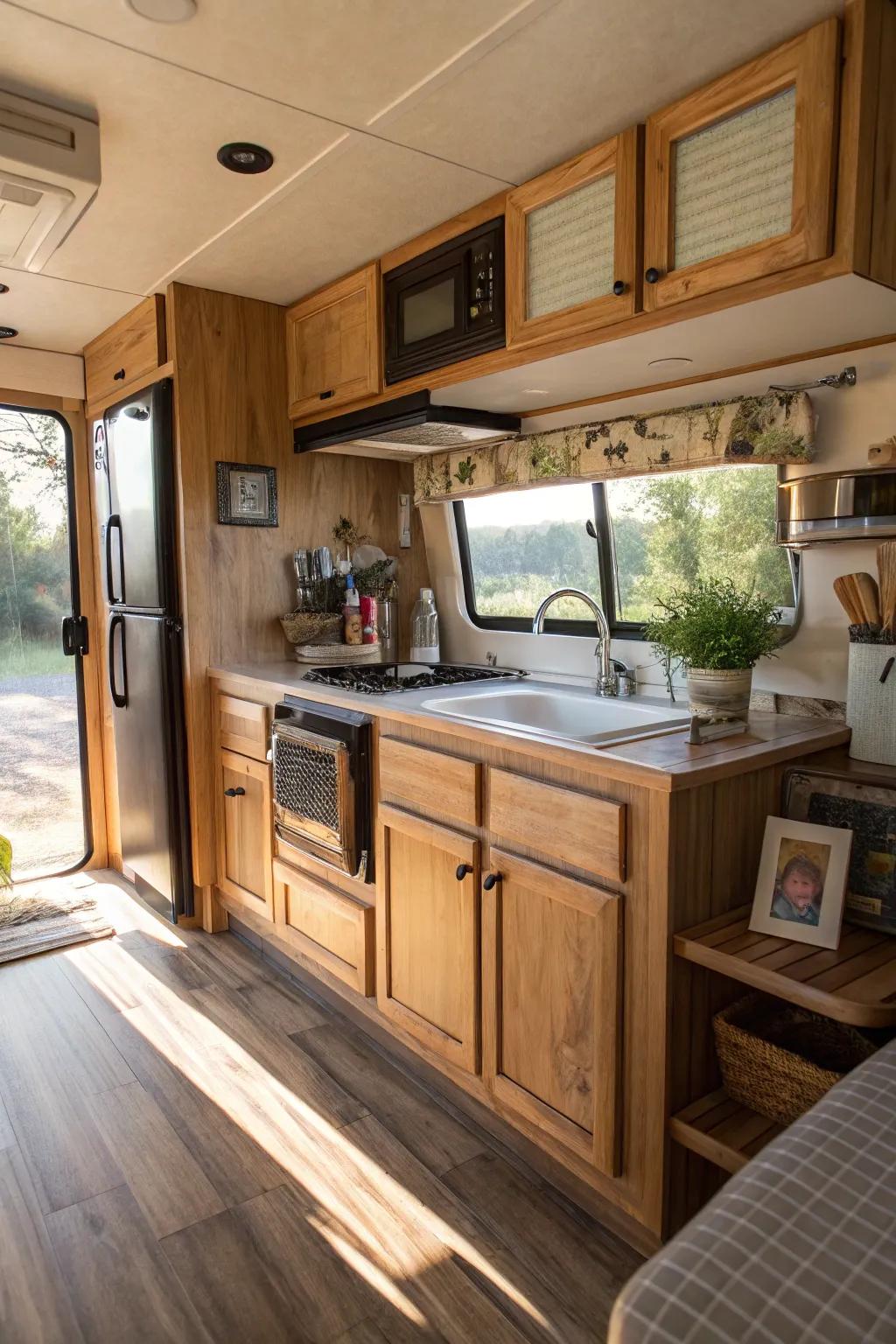Inherent timber hues impart warmth and snugness to this RV's galley.