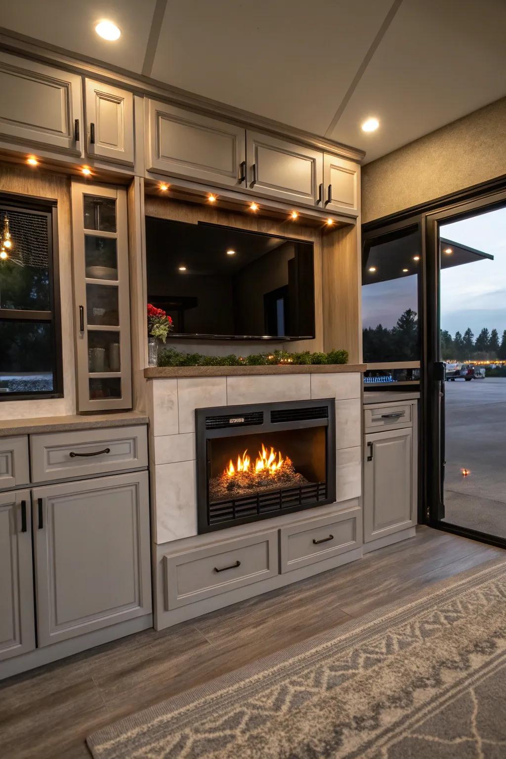 Practical hearth featuring generous storage options.