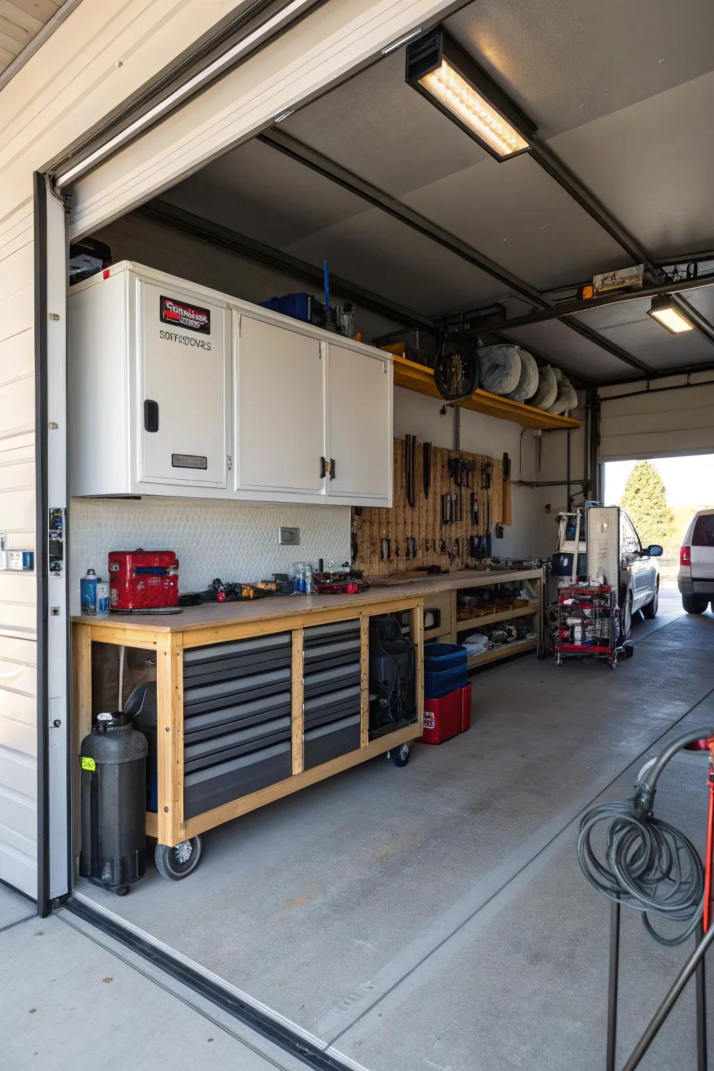 RV garage incorporating a dedicated project area to foster creativity and repair work.
