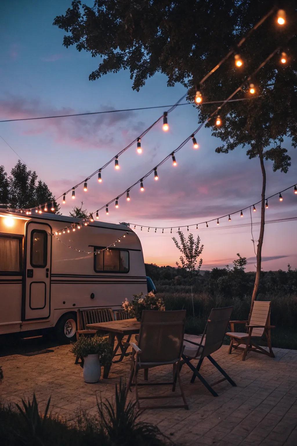 Festoon lights craft a captivating nighttime setting.